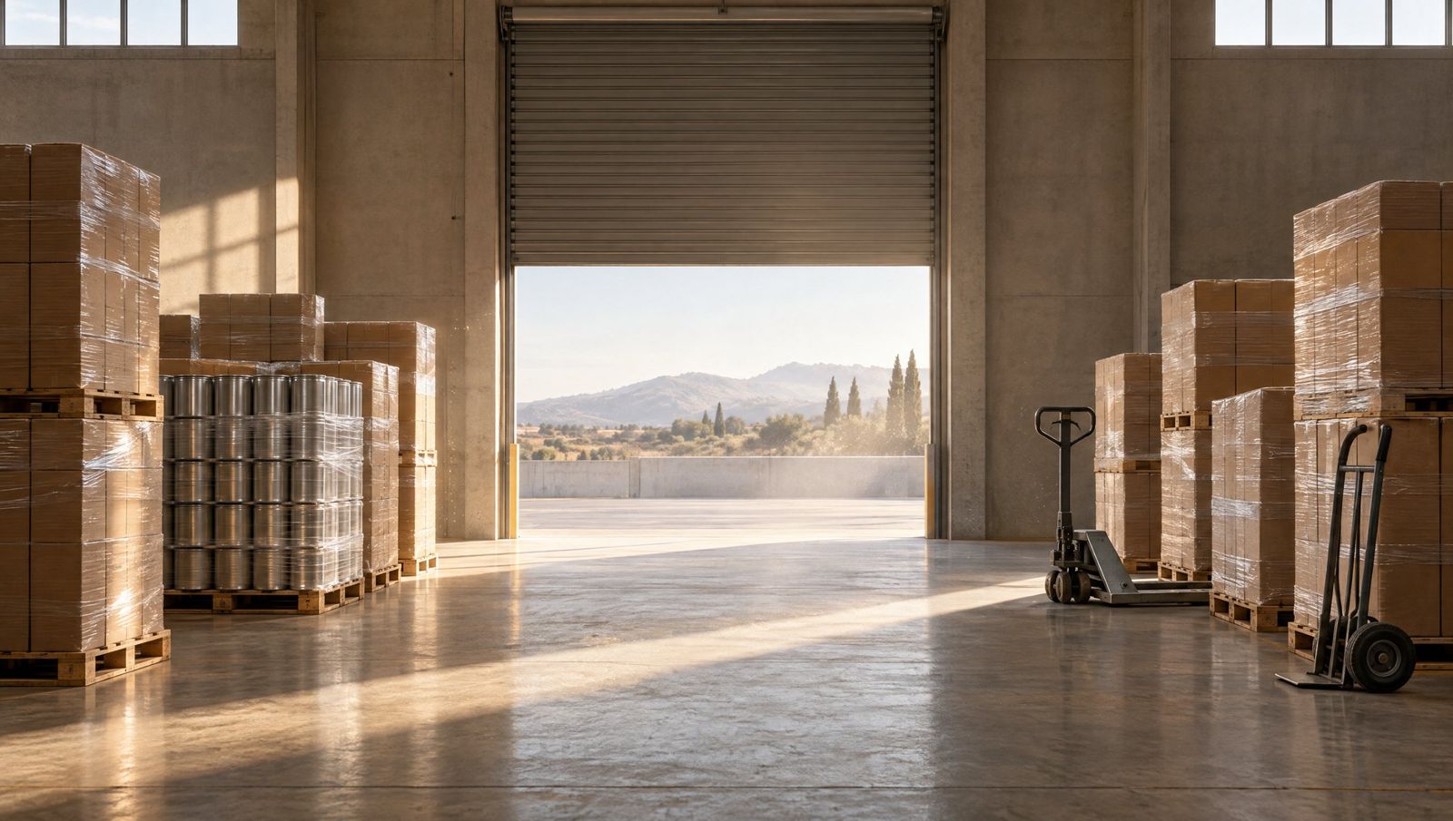 A sunlit warehouse loading bay with pallets of shipping cartons and silver tins